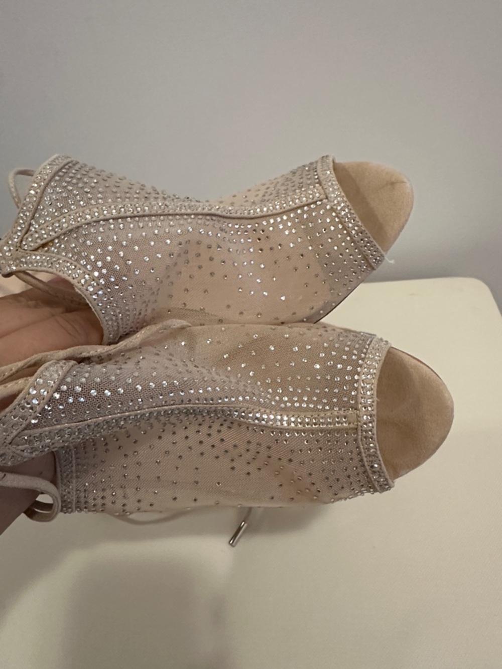 Le Chateau Crystal Beaded Nude Lace-Up Stiletto Sandal - Picture 11 of 11